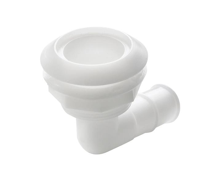Thru-hull, 90 degree angled with high flange, Delrin, for hose Ø 25 mm (1")