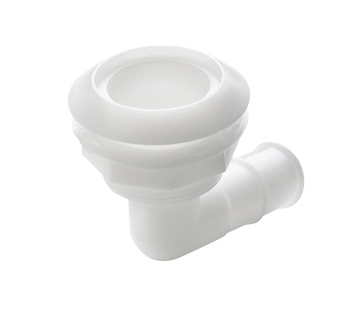 Thru-hull, 90 degree angled with high flange, Delrin, for hose Ø 28 mm (1 1/8")