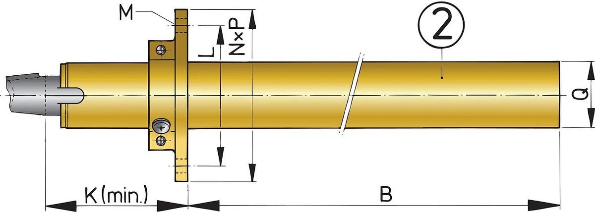 Bronze stern tube with mounting flange and one bearing aft, length 500mm, diameter 25mm.