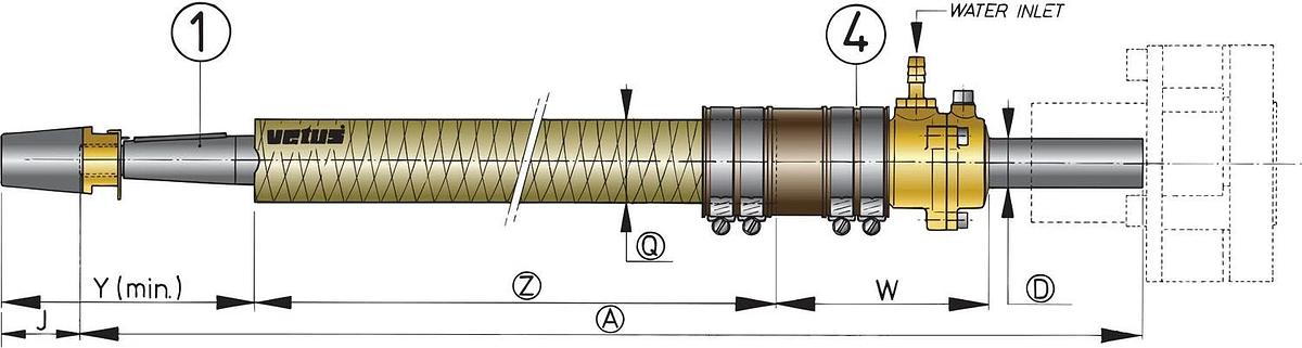 Polyester stern tube, length 1000mm. (Includes cutless bearing, diameter 25mm).
