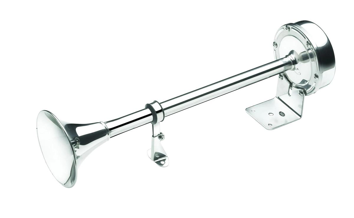 Single trumpet horn, 24 V, stainless steel, low pitch.