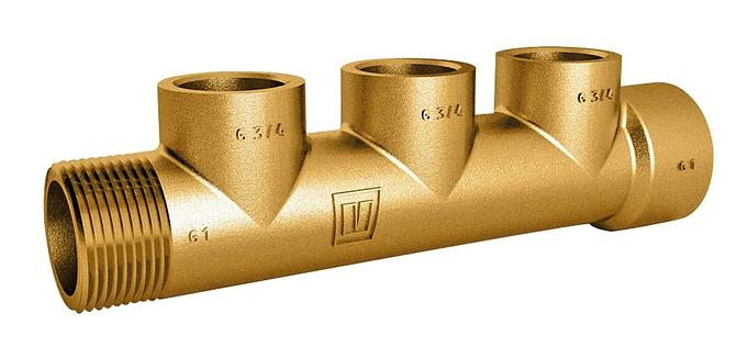 Manifold, bronze, with G 1 male/female thread, and 3 x G 3/4 female thread