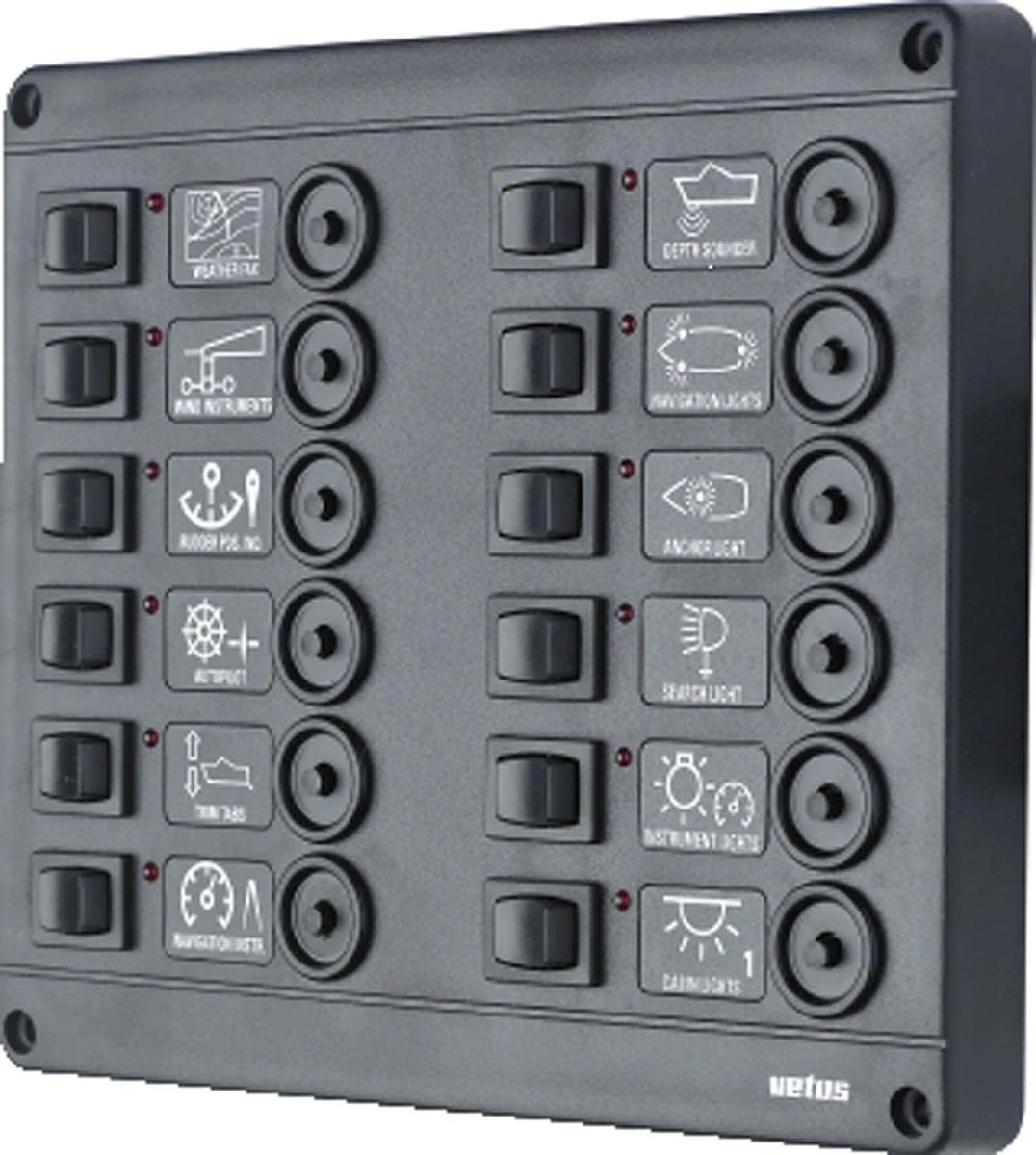 VETUS switch panel type P12 with 12 circuit breakers, 12 Volt
