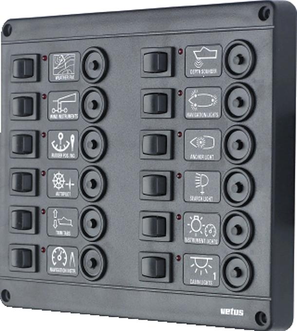 VETUS switch panel type P12 with 12 circuit breakers, 12 Volt