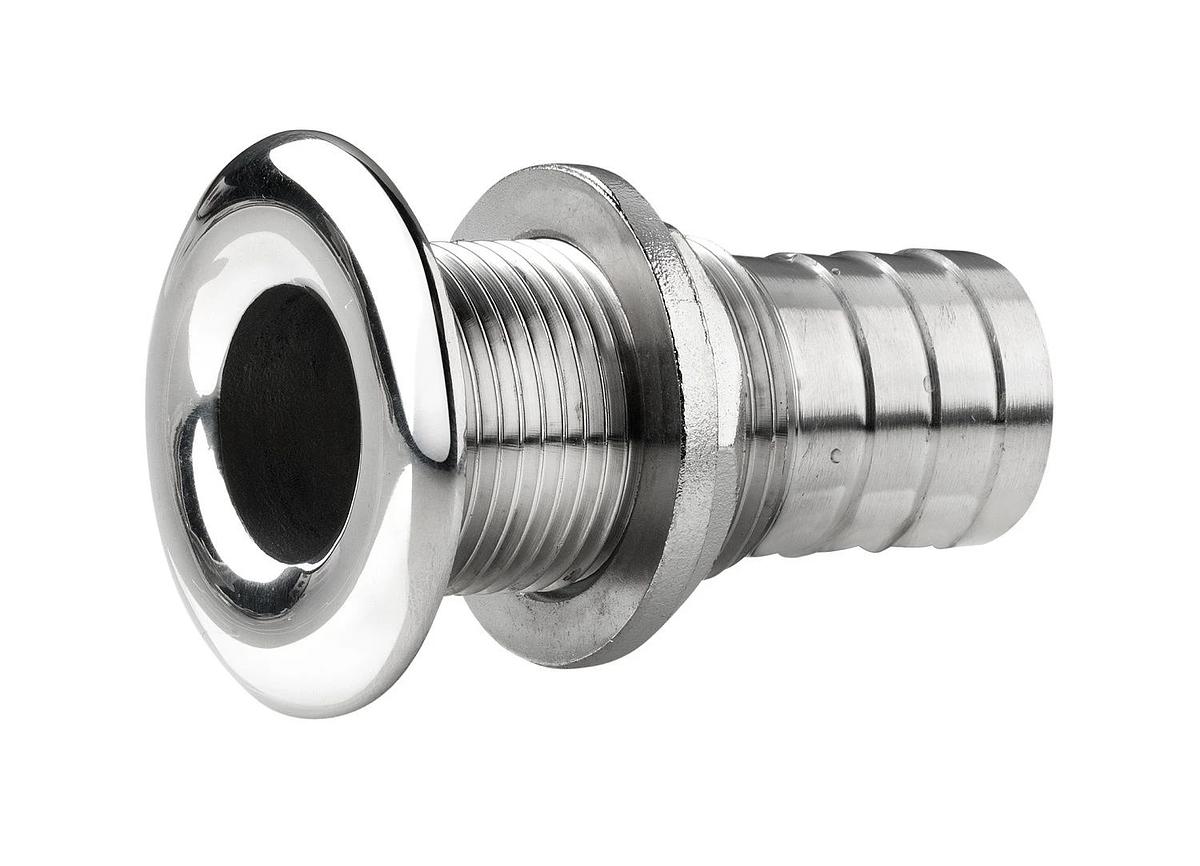Thru-hull, stainless steel, rounded flange, polished finish, G2'', with hose connection Ø 55 mm