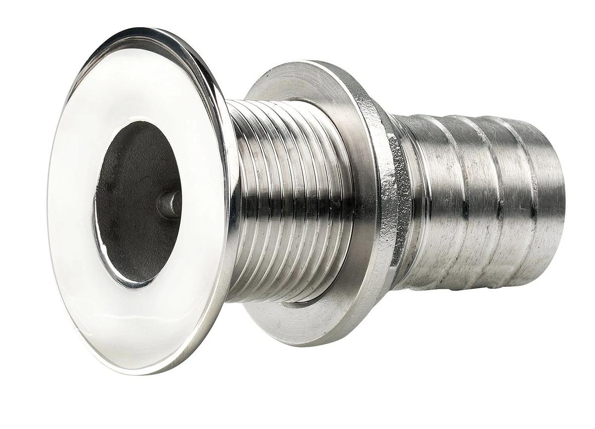 Thru-hull, stainless steel, flush flange, polished finish, G3/4'', with hose connection Ø 22 mm